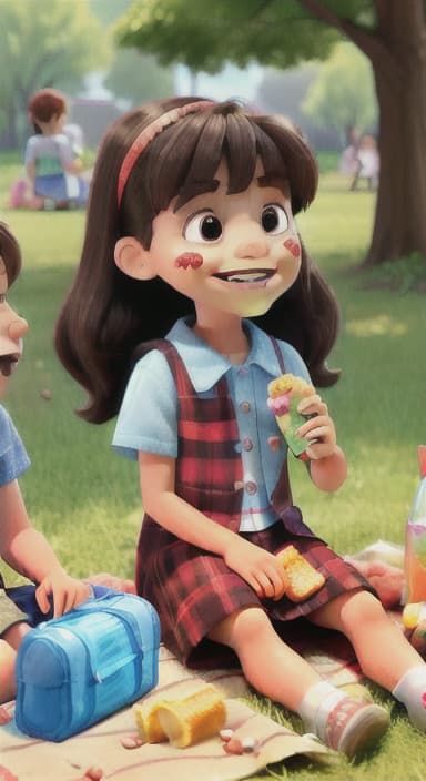  {Kids sitting around a picnic blanket, enjoying juice boxes and snacks., Children happily eating snacks, with crumbs on their faces and big smiles.