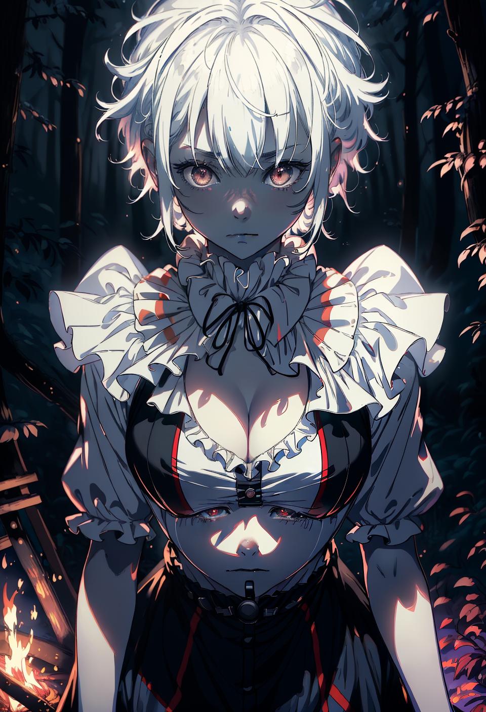  ((trending, highres, masterpiece, cinematic shot)), 1girl, mature, female clown outfit, large, campfire scene, very short spiked white hair, side-swept bangs, narrow grey eyes, gentle personality, worried expression, very pale skin, magical, lucky