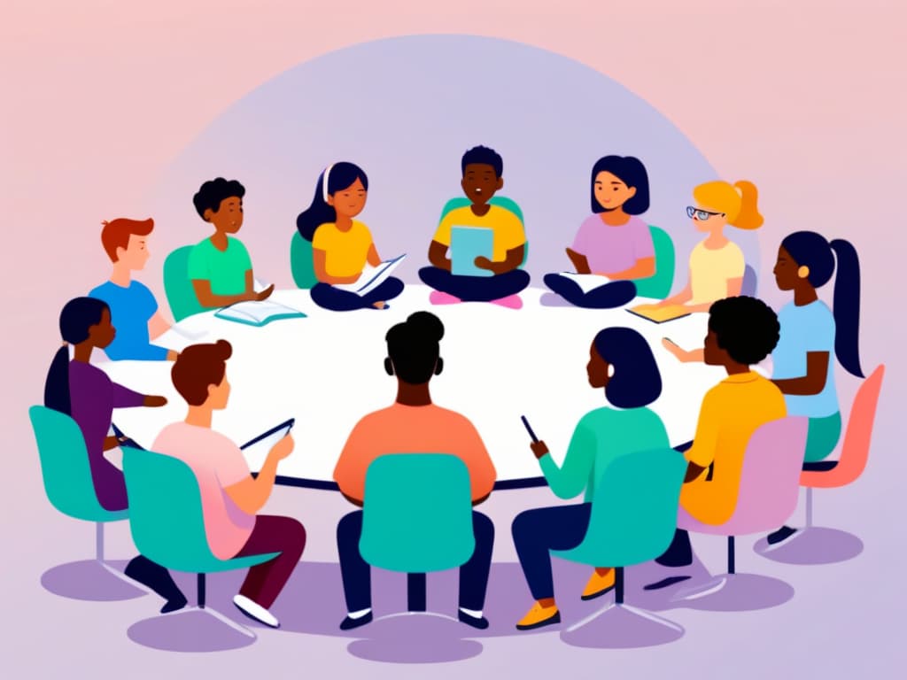  A minimalist illustration of a diverse group of students of different races and abilities, sitting together in a circle, engaged in a discussion in a modern classroom setting. The students are animatedly interacting, some taking notes, others listening attentively, symbolizing inclusivity and collaboration in education. The background is a soft gradient of calming pastel colors, enhancing the serene and focused atmosphere of the scene. This image conveys the essence of inclusive education in a subtle and elegant manner, fitting the professional and educational tone of the article perfectly. hyperrealistic, full body, detailed clothing, highly detailed, cinematic lighting, stunningly beautiful, intricate, sharp focus, f/1. 8, 85mm, (centered image composition), (professionally color graded), ((bright soft diffused light)), volumetric fog, trending on instagram, trending on tumblr, HDR 4K, 8K