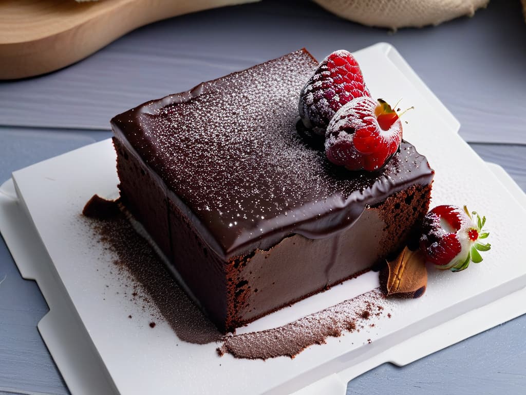  A closeup, ultradetailed image of a decadent, fudgy brownie square topped with a glossy ganache, sprinkled with a dusting of cocoa powder and a few scattered raspberries on a sleek, modern white plate. The brownie is perfectly cut, showcasing its dense, moist texture, with visible chocolate chunks peeking through its rich, dark surface. The lighting is soft, casting gentle shadows that emphasize the dessert's indulgent allure, making it a visual treat that beckons the viewer to savor every detail. hyperrealistic, full body, detailed clothing, highly detailed, cinematic lighting, stunningly beautiful, intricate, sharp focus, f/1. 8, 85mm, (centered image composition), (professionally color graded), ((bright soft diffused light)), volumetric fog, trending on instagram, trending on tumblr, HDR 4K, 8K