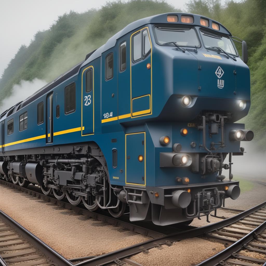  British Class 43 Diesel Locomotive hyperrealistic, full body, detailed clothing, highly detailed, cinematic lighting, stunningly beautiful, intricate, sharp focus, f/1. 8, 85mm, (centered image composition), (professionally color graded), ((bright soft diffused light)), volumetric fog, trending on instagram, trending on tumblr, HDR 4K, 8K