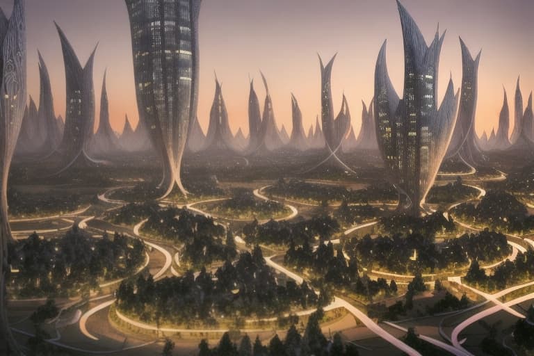  a post-modern elven forest city at dusk