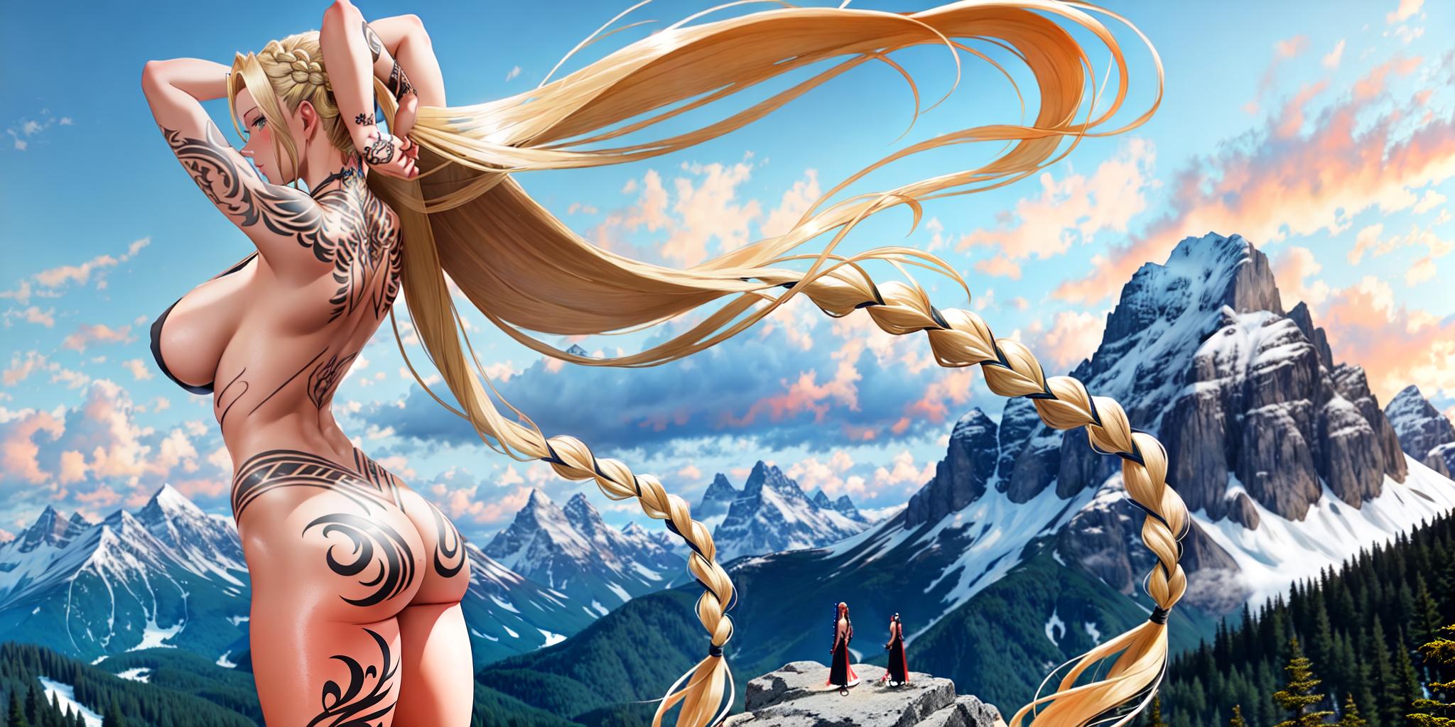  backside of a long braided blonde hair tattooed nude woman with her arms above her head standing on a mountain side
