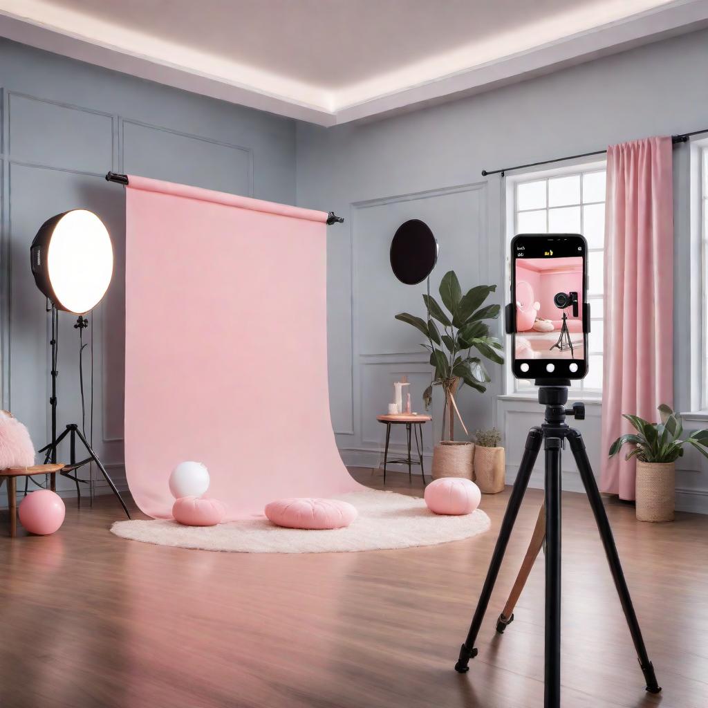  A vibrant and engaging TikTok video setup. The background shows a well-lit room with trendy decor, a ring light, and a smartphone on a tripod capturing the action. In the foreground, a young, cheerful person starts recording a video. They have an energetic pose, and the scene includes elements like a music icon to signify trending sounds, floating hashtags like #ForYou and #FYP, and viral icons like hearts and share arrows. The setup should indicate a dance or action about to be performed. The overall mood is fun and inviting. hyperrealistic, full body, detailed clothing, highly detailed, cinematic lighting, stunningly beautiful, intricate, sharp focus, f/1. 8, 85mm, (centered image composition), (professionally color graded), ((bright soft diffused light)), volumetric fog, trending on instagram, trending on tumblr, HDR 4K, 8K