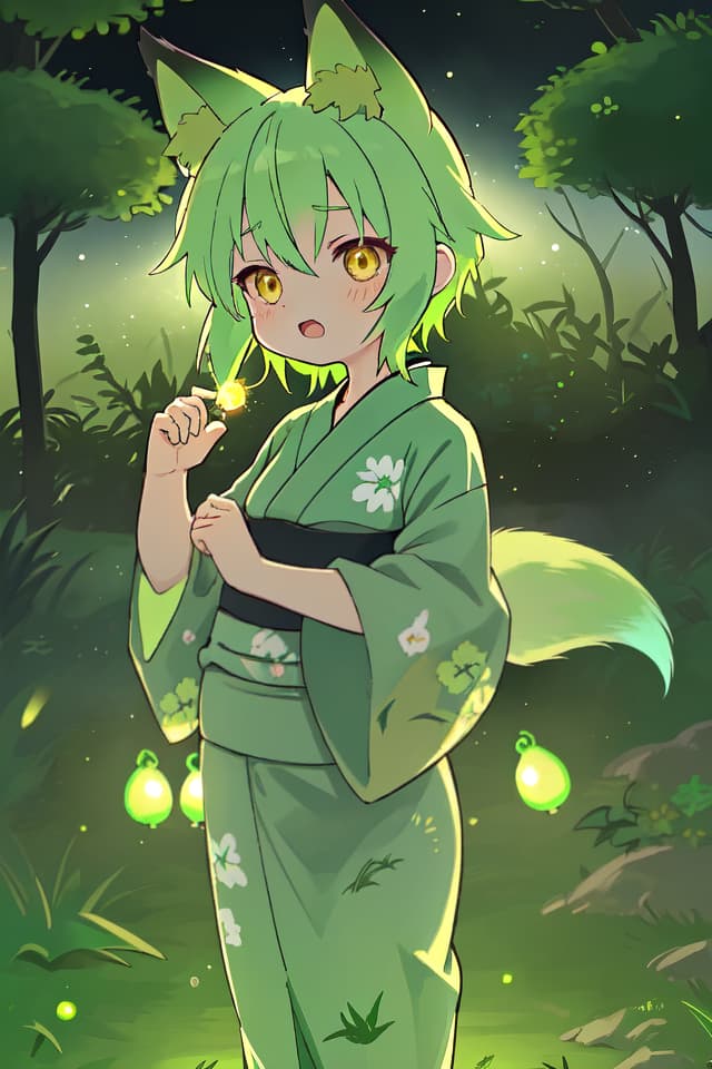  A yukata of the green hair character in the fox ear, a countless firefly light shines in the dark countryside, shouting