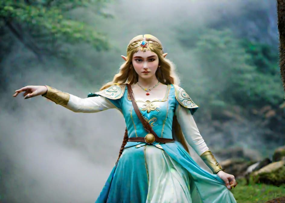  Depict Princess Zelda showcasing her wisdom and leadership, perhaps with a serene yet powerful pose. hyperrealistic, full body, detailed clothing, highly detailed, cinematic lighting, stunningly beautiful, intricate, sharp focus, f/1. 8, 85mm, (centered image composition), (professionally color graded), ((bright soft diffused light)), volumetric fog, trending on instagram, trending on tumblr, HDR 4K, 8K