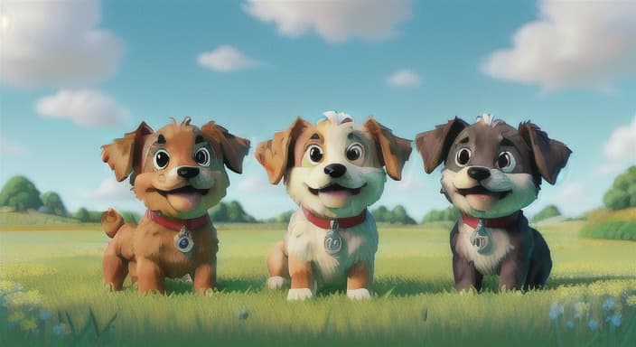  {Three adorable dogs playing in a green meadow under a bright blue sky with fluffy white clouds., The three cute doggies are fluffy with wagging tails, one is brown, one is black, and one is white.