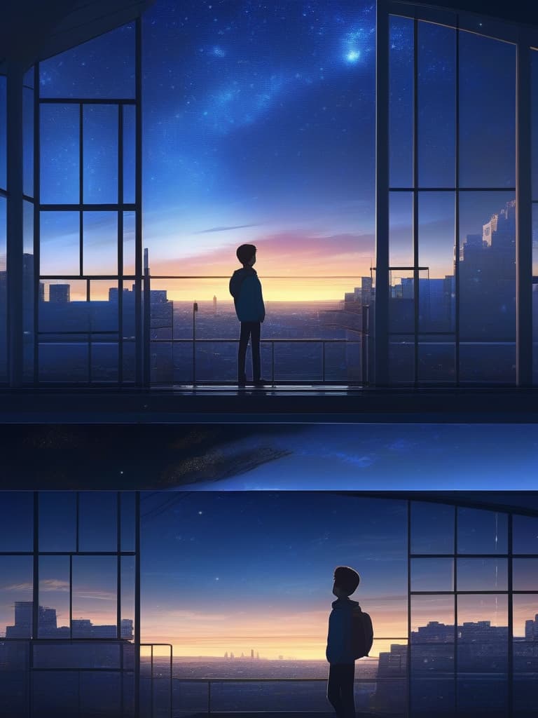  The background is the building, the sky is a starry sky, the sunset is seen a little, a young man looks up at the starry sky, on the roof,, masterpiece, best quality,8k,ultra detailed,high resolution,an extremely delicate and beautiful,hyper detail