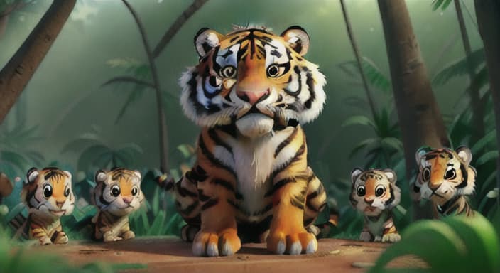  {Tiger surrounded by a diverse group of animals in the jungle., Tiger now has a big heart that is open to making friends with everyone.