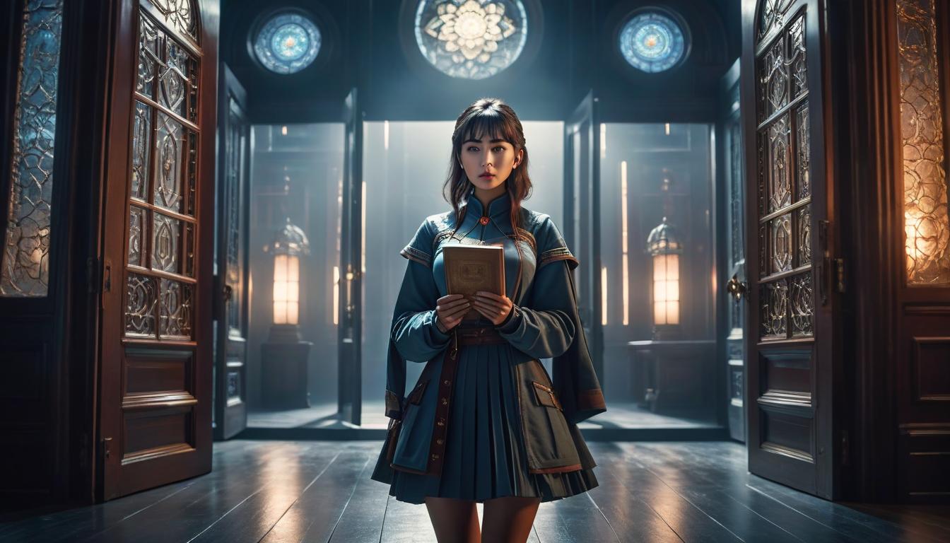  A girl writer in front of doors to different worlds hyperrealistic, full body, detailed clothing, highly detailed, cinematic lighting, stunningly beautiful, intricate, sharp focus, f/1. 8, 85mm, (centered image composition), (professionally color graded), ((bright soft diffused light)), volumetric fog, trending on instagram, trending on tumblr, HDR 4K, 8K