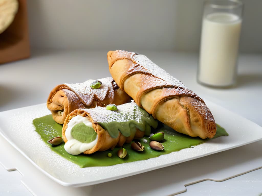  A closeup, ultradetailed image of a freshly made Cannoli Siciliano resting on a delicate white porcelain plate. The goldenbrown, flaky pastry shell is filled to perfection with creamy ricotta cheese and studded with vibrant green pistachio nuts. The powdered sugar dusted on top glistens under soft, natural lighting, accentuating the intricate textures of the dessert. The background is a subtle blur, focusing all attention on the exquisite details of the cannoli, inviting viewers to savor every element of this beloved Sicilian treat. hyperrealistic, full body, detailed clothing, highly detailed, cinematic lighting, stunningly beautiful, intricate, sharp focus, f/1. 8, 85mm, (centered image composition), (professionally color graded), ((bright soft diffused light)), volumetric fog, trending on instagram, trending on tumblr, HDR 4K, 8K