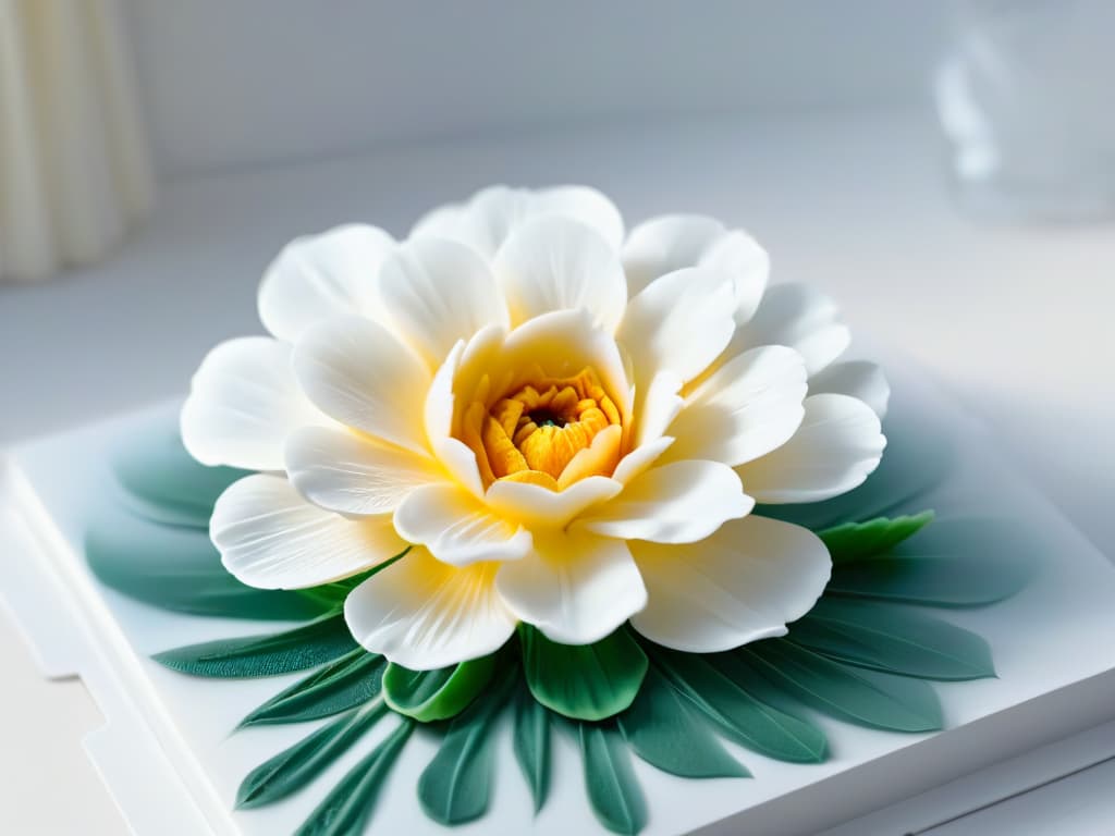  An ultradetailed 8k image of a delicate, intricate sugar flower created with advanced 3D printing techniques, showcasing the precision and artistry that can be achieved when combining technology with traditional pastry skills. The flower is composed of layers of thin, translucent petals with intricate details and a glossy finish, set against a clean, white background to emphasize its beauty and complexity. hyperrealistic, full body, detailed clothing, highly detailed, cinematic lighting, stunningly beautiful, intricate, sharp focus, f/1. 8, 85mm, (centered image composition), (professionally color graded), ((bright soft diffused light)), volumetric fog, trending on instagram, trending on tumblr, HDR 4K, 8K