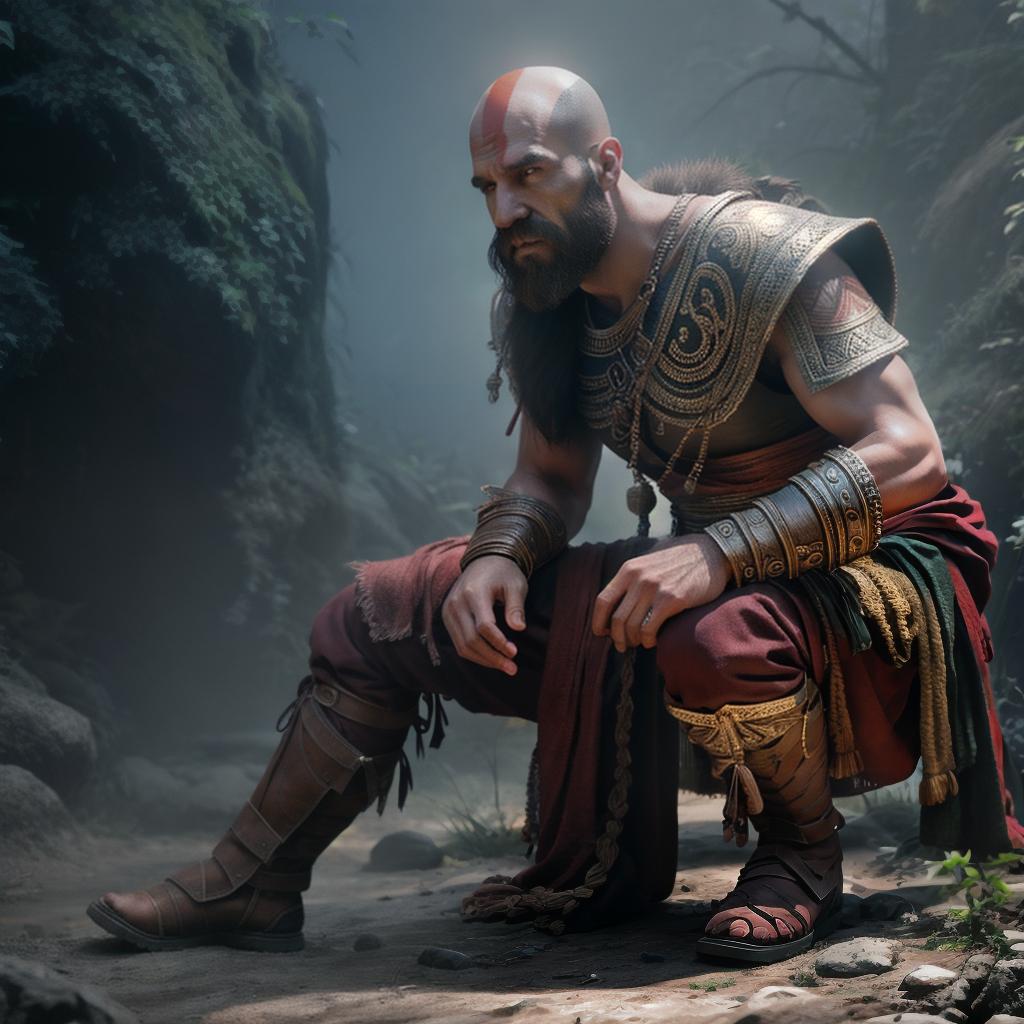  God of war hyperrealistic, full body, detailed clothing, highly detailed, cinematic lighting, stunningly beautiful, intricate, sharp focus, f/1. 8, 85mm, (centered image composition), (professionally color graded), ((bright soft diffused light)), volumetric fog, trending on instagram, trending on tumblr, HDR 4K, 8K