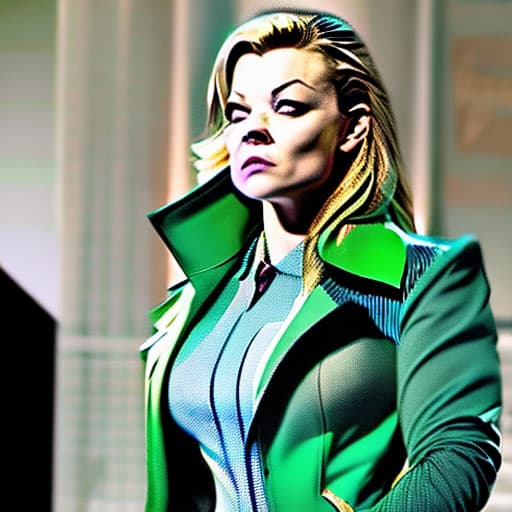  erica durance combined with natalie dormer as marvel gwen stacy with blonde hair and a kelly green trenchcoat