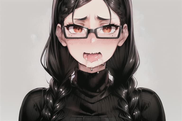  (((SFW))), detailed illustration of a woman, ((((hungry)))), ((((drooling)))), ((excessive drool)), ((comical)), ((((funny)))), (((wavy mouth))), ((face closeup)), ((masterpiece)), highres, absurdres, ultra detailed, HD, 8K, wallpaper, ((jet black hair)), (((double braided hairstyle))), ((brown eyes)), ((perfect eyes)), prominent pupils, detailed eyes, detailed nose, detailed mouth, detailed hair, (((simple background))), ((((rectangular glasses with black frame)))), (large breasts), ((brown turtleneck sweater)), embarassed expression, expressive eyes, ((perfect eyes)), (nice hands), (fine detail), prominent outline, sharp nose, (perfect eyes), expressive eyes, shiny lens, ((HD))