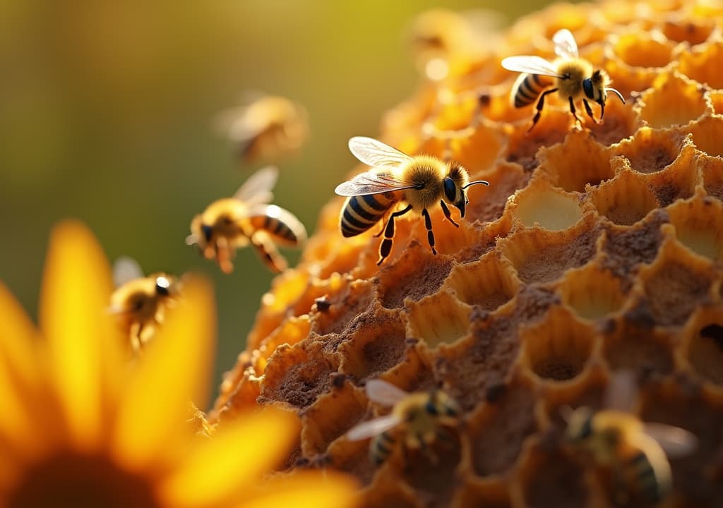  good quality, high quality, a close up view of a beehive with bees flying around it.