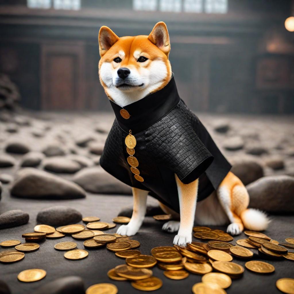  a shiba inu dressed in a black komodo with orange accents purchasing lots of sanin inu coins hyperrealistic, full body, detailed clothing, highly detailed, cinematic lighting, stunningly beautiful, intricate, sharp focus, f/1. 8, 85mm, (centered image composition), (professionally color graded), ((bright soft diffused light)), volumetric fog, trending on instagram, trending on tumblr, HDR 4K, 8K