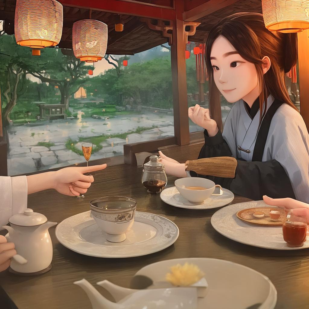  masterpiece, best quality, a young couple sitting face to face talking, tea house in ancient China, time dusk, dim lighting, only two people, close-up