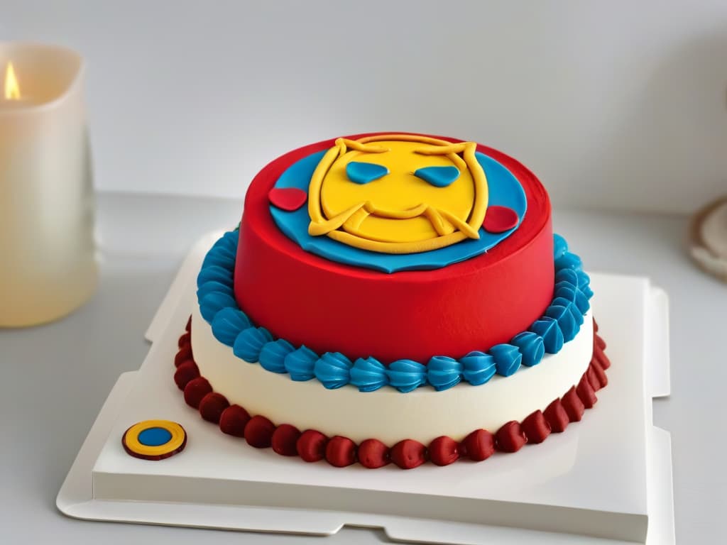  An ultradetailed, 8k resolution image of a sleek, minimalistic Iron Manthemed cake, featuring intricate red and gold fondant detailing, with a focus on the iconic mask and arc reactor design elements. The cake is elegantly displayed on a pristine white platter, creating a visually striking and professional image that perfectly complements the informative article on creating an Iron Man cake. hyperrealistic, full body, detailed clothing, highly detailed, cinematic lighting, stunningly beautiful, intricate, sharp focus, f/1. 8, 85mm, (centered image composition), (professionally color graded), ((bright soft diffused light)), volumetric fog, trending on instagram, trending on tumblr, HDR 4K, 8K