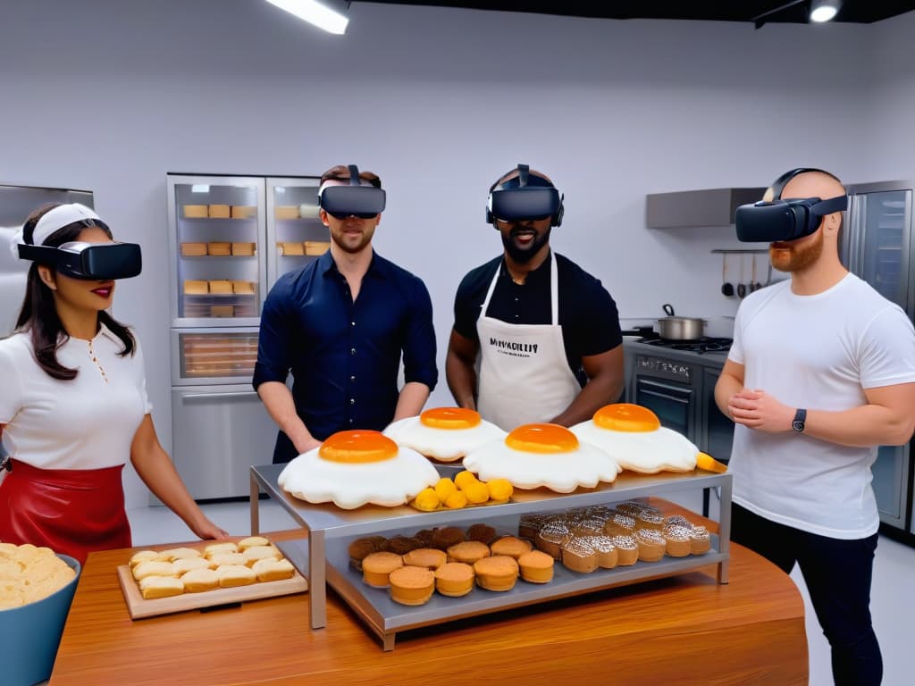  An ultradetailed 8k image of a diverse group of individuals with different abilities and disabilities wearing virtual reality headsets, fully immersed in a virtual bakery setting. Each person is interacting with virtual baking tools and ingredients, showcasing inclusivity and empowerment through technology. The background displays a modern, sleek virtual kitchen with a variety of accessible features. hyperrealistic, full body, detailed clothing, highly detailed, cinematic lighting, stunningly beautiful, intricate, sharp focus, f/1. 8, 85mm, (centered image composition), (professionally color graded), ((bright soft diffused light)), volumetric fog, trending on instagram, trending on tumblr, HDR 4K, 8K