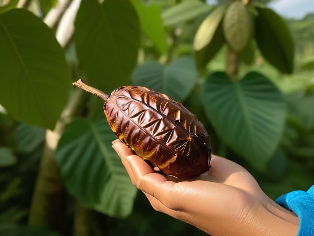  An ultradetailed closeup image of a hand holding a perfectly ripe, ethically sourced cacao pod, showcasing the intricate textures and rich hues of the pod's surface. The background is blurred, emphasizing the natural beauty and sustainability of Fair Trade ingredients for baking. hyperrealistic, full body, detailed clothing, highly detailed, cinematic lighting, stunningly beautiful, intricate, sharp focus, f/1. 8, 85mm, (centered image composition), (professionally color graded), ((bright soft diffused light)), volumetric fog, trending on instagram, trending on tumblr, HDR 4K, 8K