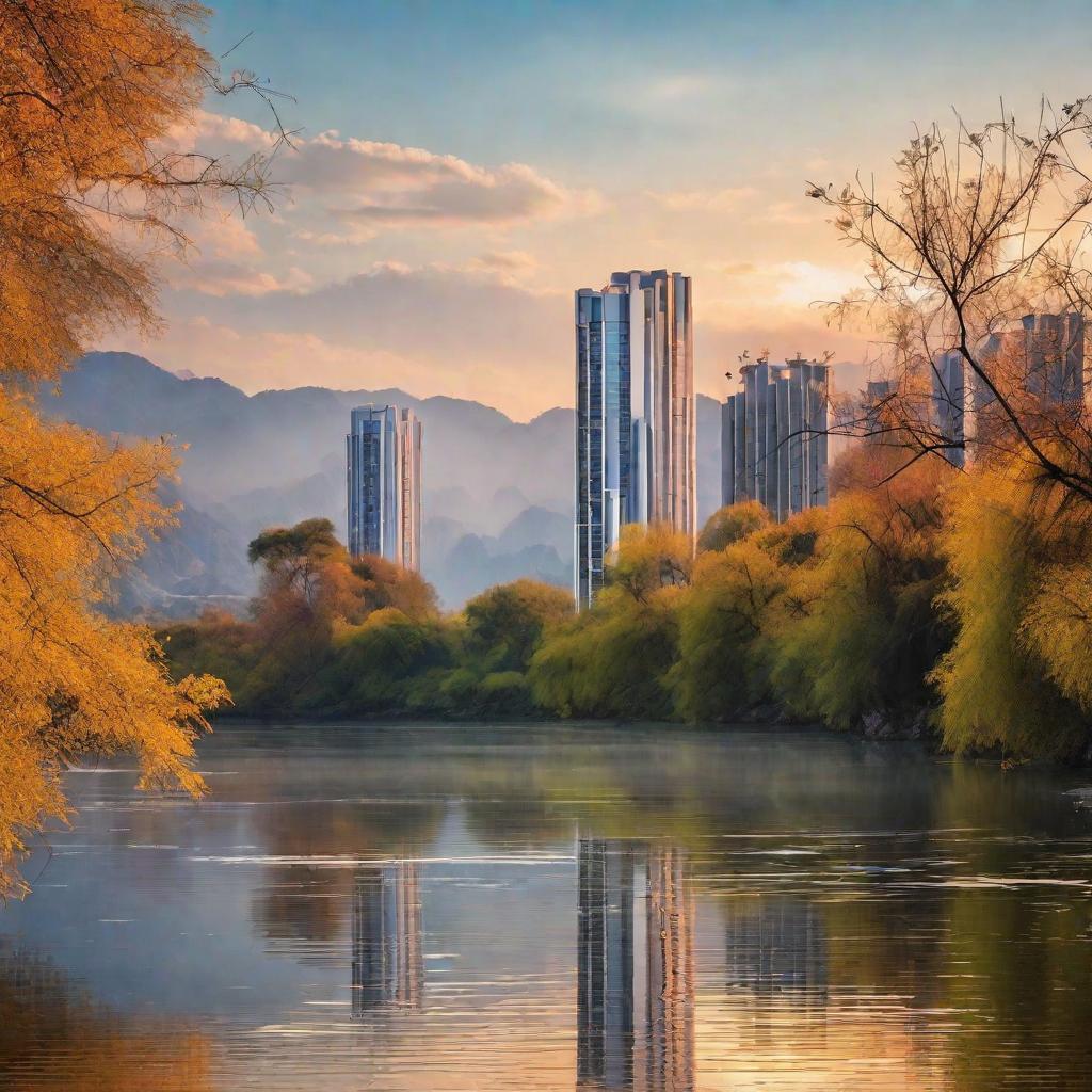  masterpiece, best quality,A beautiful girl in the river, willow Yiyi, modern high-rise forest, the setting sun west