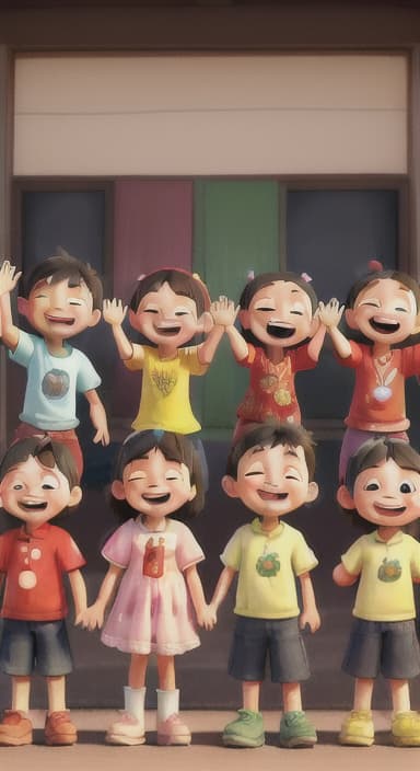  {A heartwarming scene of all the children waving goodbye with happy expressions., Children waving with wide smiles, looking grateful and content.