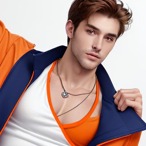  Men with a necklace without t-shirt with a orange jacket