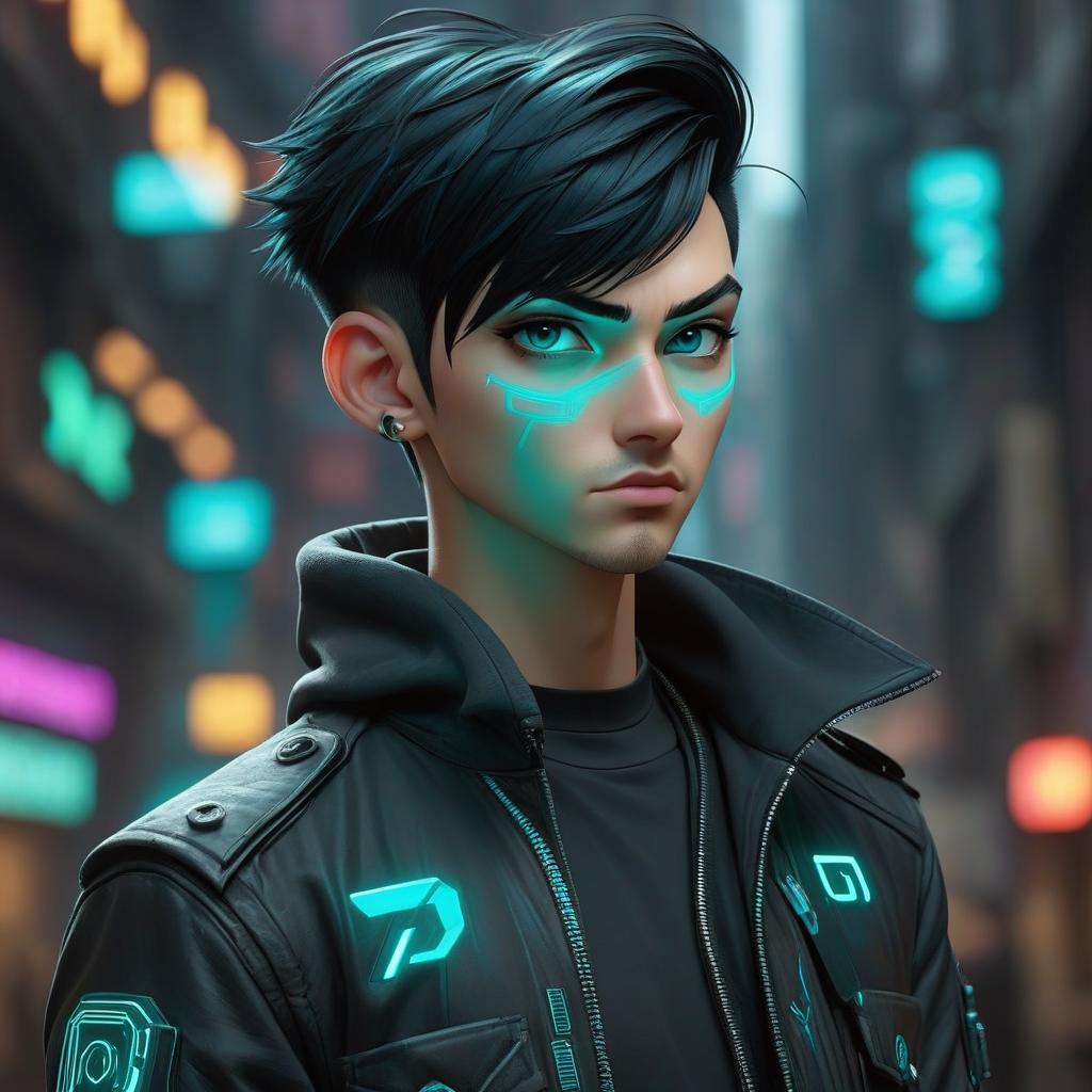  Gamer boy with short black hair, cyberpunk hacker look, heavy brush strokes. He wears a large black T shirt with a futuristic "D" on it and a black jacket with turquoise detailing . Background black turquoise hyperrealistic, full body, detailed clothing, highly detailed, cinematic lighting, stunningly beautiful, intricate, sharp focus, f/1. 8, 85mm, (centered image composition), (professionally color graded), ((bright soft diffused light)), volumetric fog, trending on instagram, trending on tumblr, HDR 4K, 8K