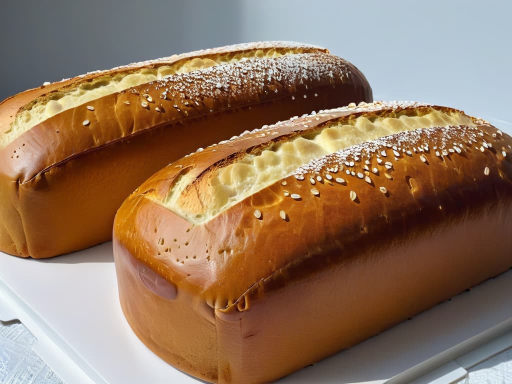  A closeup, ultradetailed image of two loaves of freshly baked bread side by side. The loaf made with a breadmaking machine is perfectly symmetrical, with uniform slices and a slightly glossy crust. In contrast, the loaf made using traditional manual techniques is rustic, with a slightly uneven shape, a goldenbrown crust with visible cracks, and a scattering of artisanal toppings like seeds and oats. The lighting is soft, highlighting the textures and colors of each loaf, emphasizing the contrast between massproduced perfection and handmade charm. hyperrealistic, full body, detailed clothing, highly detailed, cinematic lighting, stunningly beautiful, intricate, sharp focus, f/1. 8, 85mm, (centered image composition), (professionally color graded), ((bright soft diffused light)), volumetric fog, trending on instagram, trending on tumblr, HDR 4K, 8K