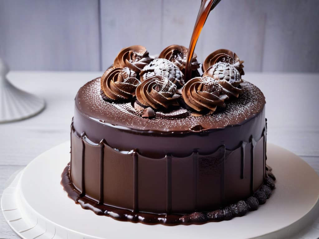  A closeup, ultradetailed image of a decadent, glossy chocolate ganache being poured over a sinfully rich dark chocolate cake. The ganache is cascading down the sides of the cake, capturing the light to reveal its smooth, velvety texture. The dark chocolate cake is perfectly baked, with a moist crumb peeking through the luxurious ganache, creating a mouthwatering contrast of textures and flavors. The image showcases the artistry and indulgence of incorporating dark chocolate in pastry, exuding sophistication and temptation. hyperrealistic, full body, detailed clothing, highly detailed, cinematic lighting, stunningly beautiful, intricate, sharp focus, f/1. 8, 85mm, (centered image composition), (professionally color graded), ((bright soft diffused light)), volumetric fog, trending on instagram, trending on tumblr, HDR 4K, 8K