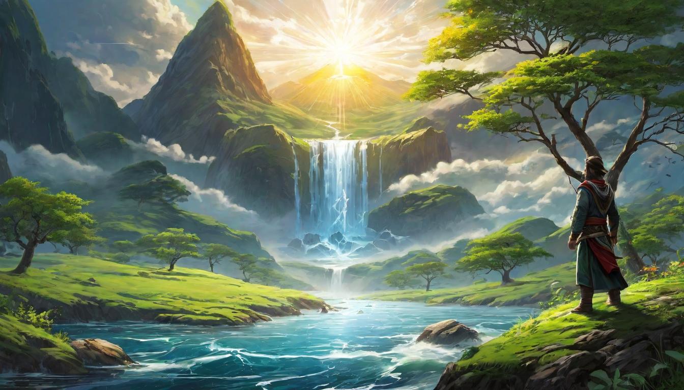  digital illustration, A figure standing in a natural landscape, surrounded by elemental symbols, earth underfoot, wind swirls, water flow, sunlight beams, elemental harmony, unity with nature, looking at viewer, dynamic pose, (intricate details, masterpiece, best quality)