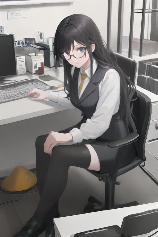  Adult women, suits, tight skirts, black hair, milk bags, open chest, glasses, hairstyles, composition, stockings, pumps, offices, and legs