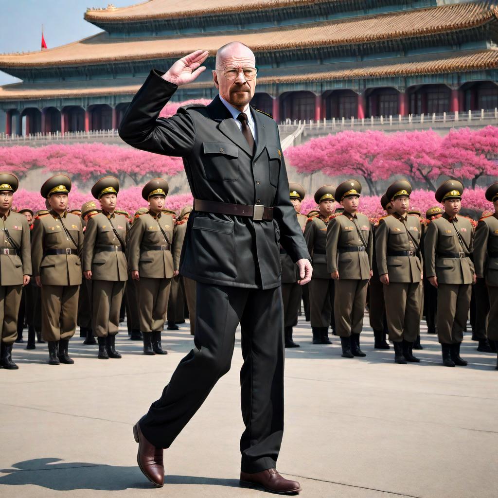  Walter White from Breaking Bad, depicted in a North Korean setting, saluting and wearing a black military uniform with four pockets and a collar at Kim Il Sung Square, waving down to the people during a military parade with soldiers and rockets. hyperrealistic, full body, detailed clothing, highly detailed, cinematic lighting, stunningly beautiful, intricate, sharp focus, f/1. 8, 85mm, (centered image composition), (professionally color graded), ((bright soft diffused light)), volumetric fog, trending on instagram, trending on tumblr, HDR 4K, 8K