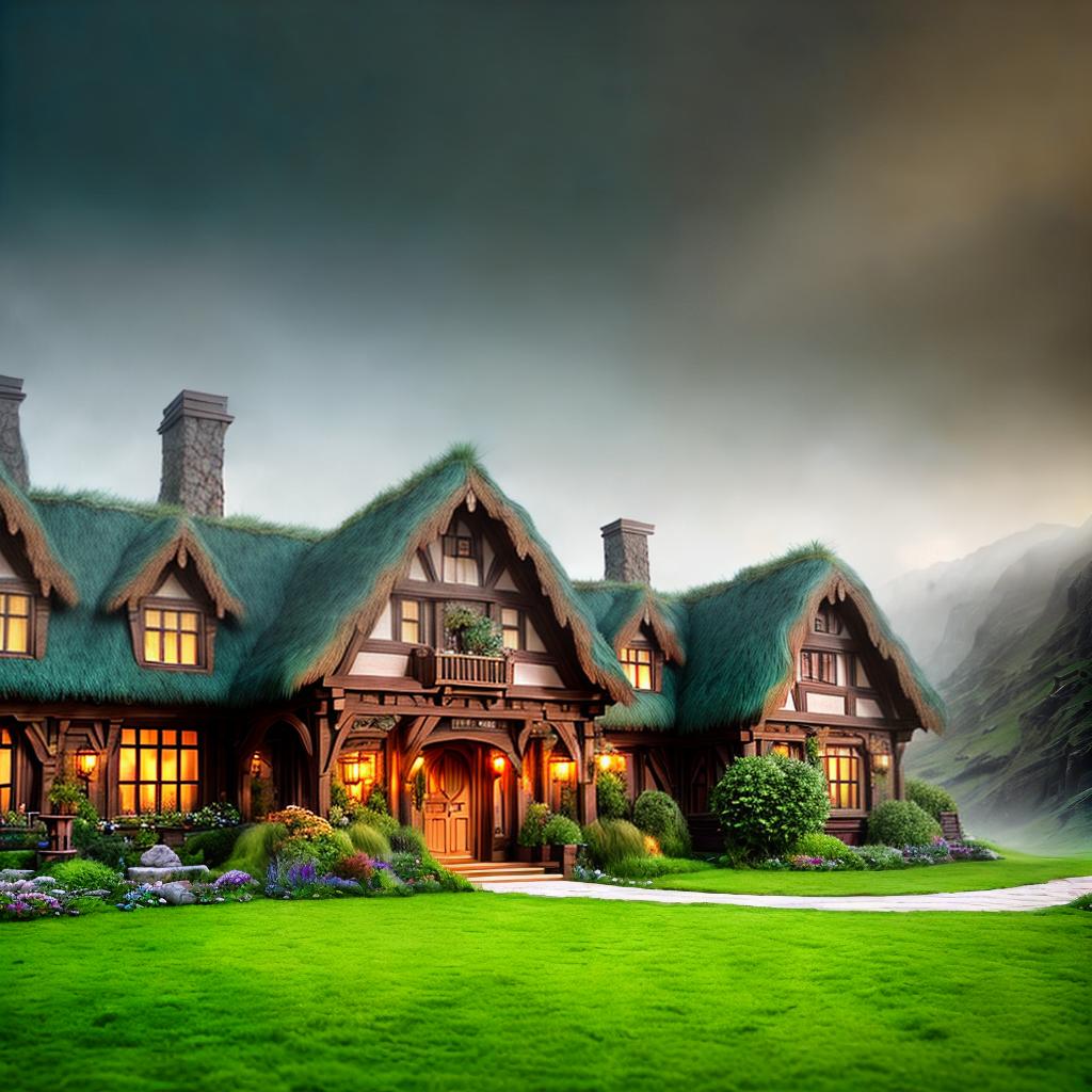  A hotel based on the houses from the movie "The Hobbit." ,highly detailed, cinematic lighting, stunningly beautiful, intricate, sharp focus, f1. 8, 85mm, (centered image composition), (professionally color graded), ((bright soft diffused light)), volumetric fog, trending on instagram, trending on tumblr, HDR 4K, 8K