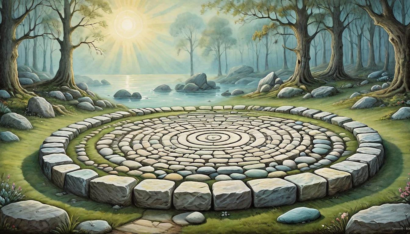  on parchment, surrealism+++, A circle of stones radiating peace, centering a once troubled place, restoring harmony. Stones of serenity, peaceful radiance, harmony restored, circle of calm, tranquil center.(mysterious, provocative, symbolic,muted color)+++