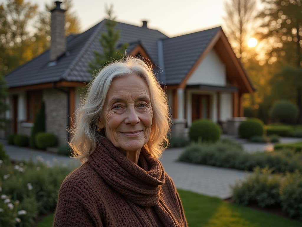  capture a stunningly beautiful women, unedited 8k hdr photograph of a 6 old nordic looking senior woman with hair, dressed in clic attire. this hyperrealistic image will feature a full house view from a drone camera perspective, showcasing the entire exterior, front yard, and intricate landscaping in sharp focus and symmetrical balance. the design style is contemporary, characterized by the latest trends with clean lines and harmony. the photograph is professionally color graded with a bright, soft, diffused light, highlighting the scene during the golden hour, enhancing the dense furnishings and decorations with a background that blurs intricately.