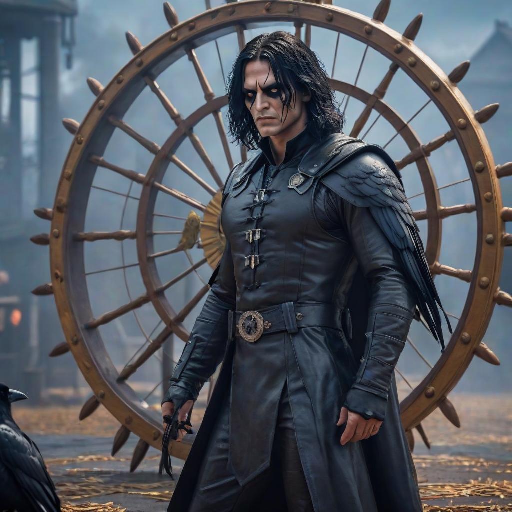  The crow turns the wheel of fortune. hyperrealistic, full body, detailed clothing, highly detailed, cinematic lighting, stunningly beautiful, intricate, sharp focus, f/1. 8, 85mm, (centered image composition), (professionally color graded), ((bright soft diffused light)), volumetric fog, trending on instagram, trending on tumblr, HDR 4K, 8K