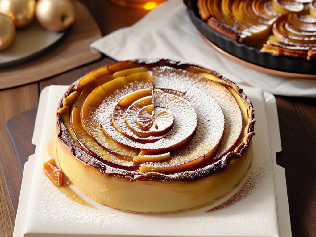  A closeup, highresolution image of a perfectly goldenbrown Tarte Tatin, showcasing the intricate layers of caramelized apples glistening under a thin, buttery crust. The dessert sits on a sleek, modern white plate, with a dusting of powdered sugar delicately sprinkled on top. The background is a soft, blurred kitchen setting with a hint of a vintage copper pan in the corner, adding a touch of traditional French charm to the minimalist composition. hyperrealistic, full body, detailed clothing, highly detailed, cinematic lighting, stunningly beautiful, intricate, sharp focus, f/1. 8, 85mm, (centered image composition), (professionally color graded), ((bright soft diffused light)), volumetric fog, trending on instagram, trending on tumblr, HDR 4K, 8K