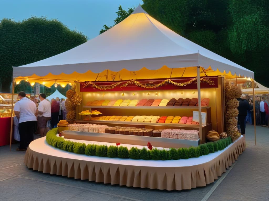  An ultradetailed photorealistic image showcasing a charming and bustling local fair scene. The focus is on a beautifully decorated pastry booth, adorned with colorful macarons, decadent cakes, and intricate pastries. Customers of all ages are captivated by the display, with some sampling treats and others eagerly purchasing goodies. The booth is strategically positioned under a canopy of twinkling lights, adding a warm and inviting glow to the scene. Surrounding the booth are other vendors selling artisanal goods, adding to the festive and communityoriented atmosphere of the fair. hyperrealistic, full body, detailed clothing, highly detailed, cinematic lighting, stunningly beautiful, intricate, sharp focus, f/1. 8, 85mm, (centered image composition), (professionally color graded), ((bright soft diffused light)), volumetric fog, trending on instagram, trending on tumblr, HDR 4K, 8K