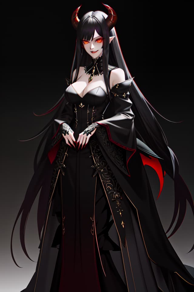  beautiful devil girl,masterpiece,(jagged teeth)(very fine fangs only devil teeth) beautiful black hair,long hair,devil tail,black dress,high quality,8k,16 hyperrealistic, full body, detailed clothing, highly detailed, cinematic lighting, stunningly beautiful, intricate, sharp focus, f/1. 8, 85mm, (centered image composition), (professionally color graded), ((bright soft diffused light)), volumetric fog, trending on instagram, trending on tumblr, HDR 4K, 8K