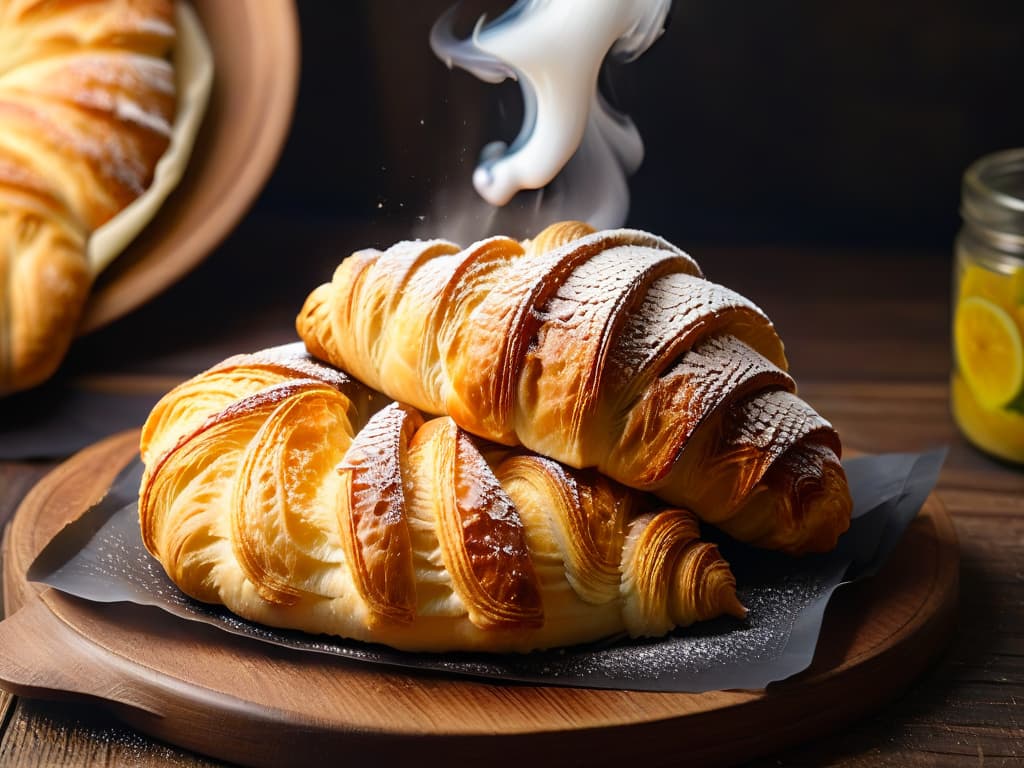  A closeup, ultradetailed image of a golden, flaky croissant fresh out of the oven, with steam rising from its layers, showcasing the rich, buttery texture achieved by using European butter in baking. The croissant is placed on a rustic wooden table, with a soft, diffused natural light highlighting its glossy surface and inviting, mouthwatering appearance. hyperrealistic, full body, detailed clothing, highly detailed, cinematic lighting, stunningly beautiful, intricate, sharp focus, f/1. 8, 85mm, (centered image composition), (professionally color graded), ((bright soft diffused light)), volumetric fog, trending on instagram, trending on tumblr, HDR 4K, 8K