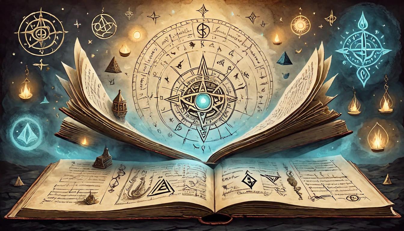  on parchment, surrealism+++, An open book with glowing pages, floating mid air, surrounded by ancient symbols and runes, mystical and enlightening, sense of revelation and learning(mysterious, provocative, symbolic,muted color)+++