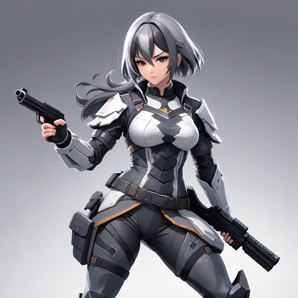  fighting game style A girl on a white background, with dark gray hair, in the Valorant art style, fully equipped, wearing light armor, holding an automatic weapon, and in a dynamic pose. . dynamic, vibrant, action packed, detailed character design, reminiscent of fighting video games hyperrealistic, full body, detailed clothing, highly detailed, cinematic lighting, stunningly beautiful, intricate, sharp focus, f/1. 8, 85mm, (centered image composition), (professionally color graded), ((bright soft diffused light)), volumetric fog, trending on instagram, trending on tumblr, HDR 4K, 8K