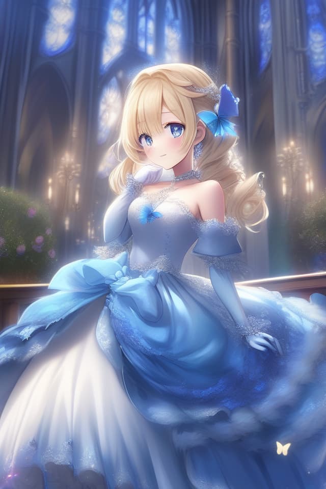  (Shiny butterfly,magic effect,pixiv,masterpiece,ultimate quality,8K wallpaper,1 girl),((blond hair,bun hair combined in one,blue eye)),((((blue pap sleeve wedding dress,light blue gloves,))),(blue hour),(luxurious castle background),