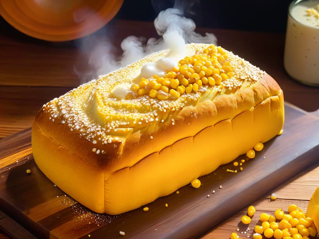  An ultradetailed closeup image of freshly baked pan de elote, showcasing the golden crust speckled with grains of corn, emitting steam, with a pat of melting butter on top, set on a rustic wooden table with a blurred background of a traditional Latin American kitchen. hyperrealistic, full body, detailed clothing, highly detailed, cinematic lighting, stunningly beautiful, intricate, sharp focus, f/1. 8, 85mm, (centered image composition), (professionally color graded), ((bright soft diffused light)), volumetric fog, trending on instagram, trending on tumblr, HDR 4K, 8K