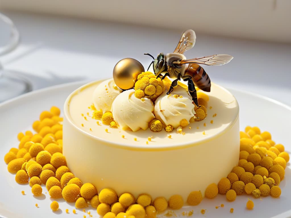  A closeup, ultradetailed image of a delicate scoop of rich vanilla ice cream drizzled with golden honey and sprinkled with vibrant yellow bee pollen, set against a sleek, white marble background. The bee pollen glistens under the soft lighting, showcasing its unique texture and natural sweetness, inviting the viewer to indulge in the perfect combination of flavors and health benefits. hyperrealistic, full body, detailed clothing, highly detailed, cinematic lighting, stunningly beautiful, intricate, sharp focus, f/1. 8, 85mm, (centered image composition), (professionally color graded), ((bright soft diffused light)), volumetric fog, trending on instagram, trending on tumblr, HDR 4K, 8K