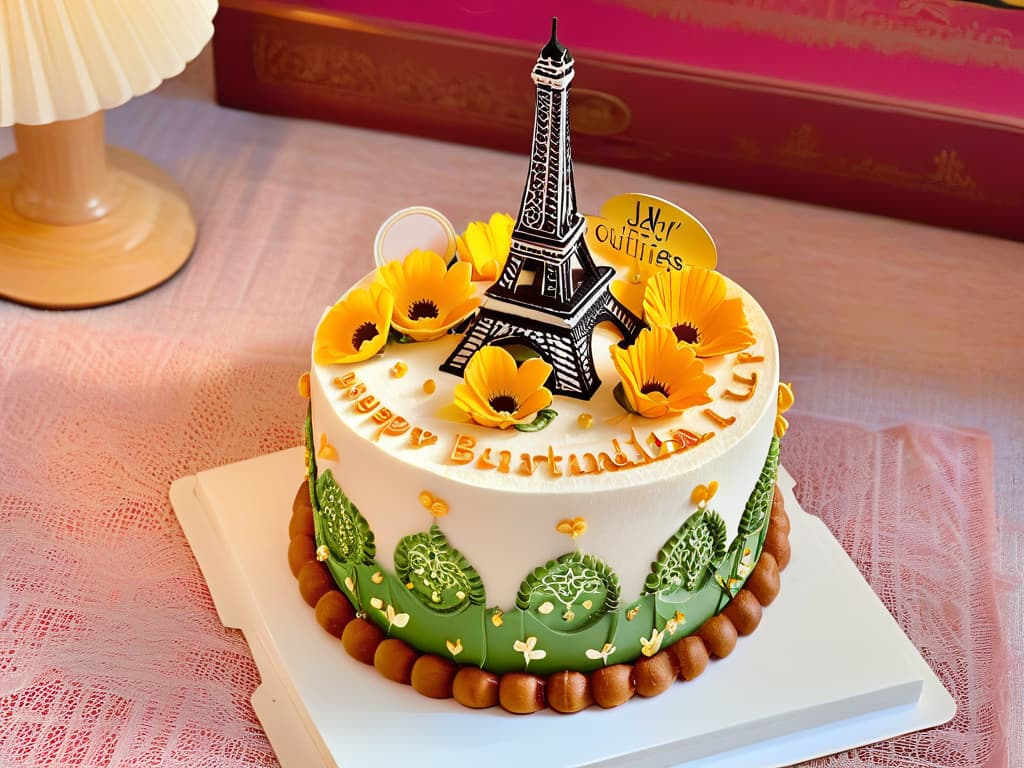  An intricately decorated cake merging cultural elements from around the world, featuring delicate sugar flowers representing different countries, traditional patterns like henna designs and tribal motifs, and miniature landmarks like the Eiffel Tower and the Taj Mahal delicately crafted on top. The cake is set against a backdrop of a diverse group of people happily sharing slices, symbolizing the fusion of cultures through the universal love for pastries. hyperrealistic, full body, detailed clothing, highly detailed, cinematic lighting, stunningly beautiful, intricate, sharp focus, f/1. 8, 85mm, (centered image composition), (professionally color graded), ((bright soft diffused light)), volumetric fog, trending on instagram, trending on tumblr, HDR 4K, 8K