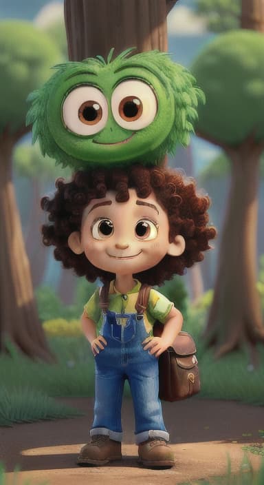  {The tree with a smiling face formed by its bark, looking down at Riley., Riley, a curious with big brown eyes and curly hair, wearing overalls and carrying a small backpack. Their friend, Skye, a bluebird with shiny feathers.