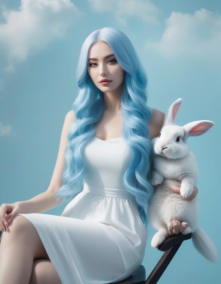  A girl in half turn, in a white dress, with long blue blue hair, the hair color is light blue, turning into blue, the girl is sitting in a chair, holding a rabbit in her arms, in the style of Christian Schloe hyperrealistic, full body, detailed clothing, highly detailed, cinematic lighting, stunningly beautiful, intricate, sharp focus, f/1. 8, 85mm, (centered image composition), (professionally color graded), ((bright soft diffused light)), volumetric fog, trending on instagram, trending on tumblr, HDR 4K, 8K